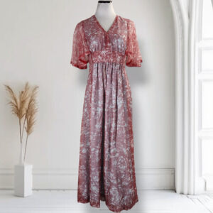 Vintage 1970s Handmade Sheer Caftan Maxi Dress Flutter Cape Sleeves 8 M